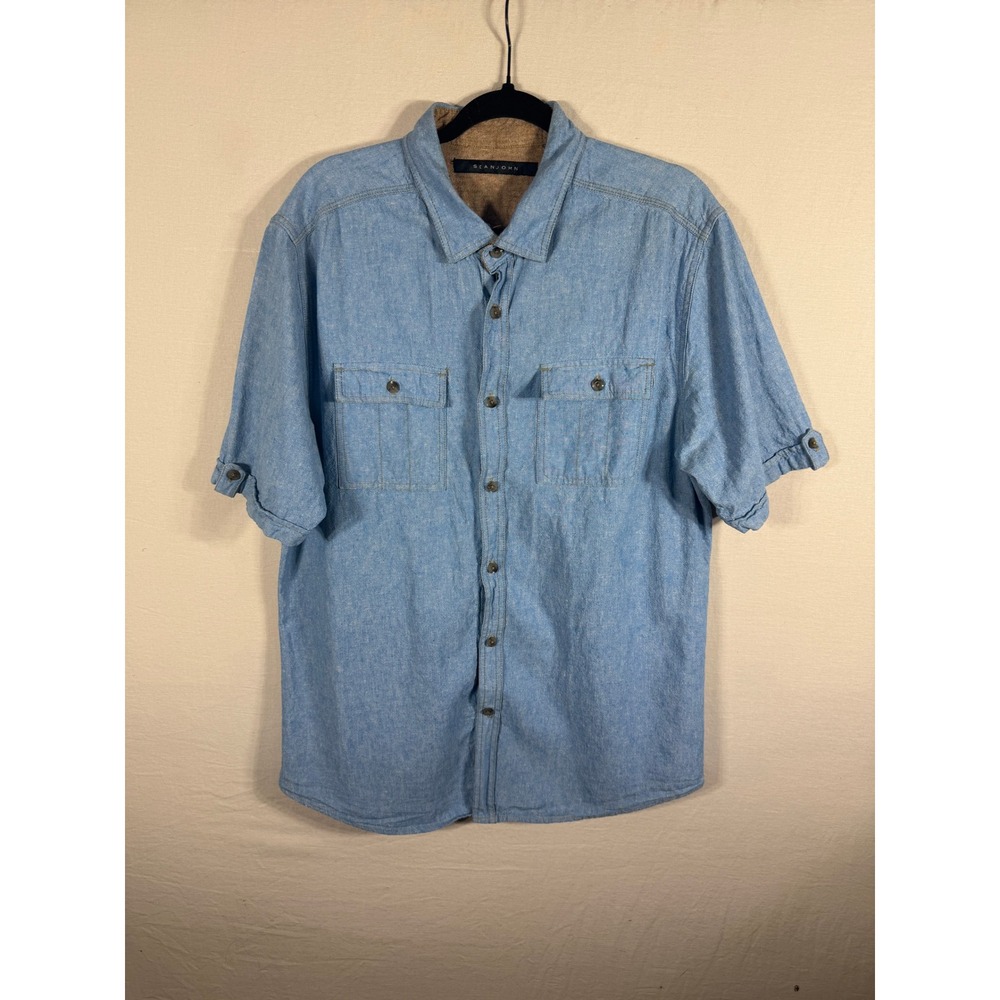 Sean John Mens XL Short Sleeve Button Down Denim Shirt Light Wash Blue Cotton